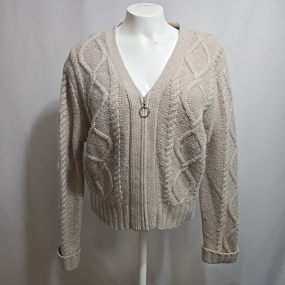 Vintage Croft Barrow Cardigan Sweater Womens M Beige Angora Lambswool Cable Knit